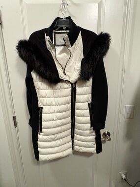 Calvin Klein Black and White Quilted Puffer with Faux Fur Collar